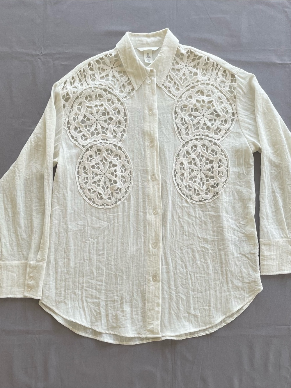 H&M Button Up Shirt Braided Accent Cotton Linen Blend Womens Small Oversized